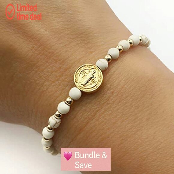Adjustable Saint Benedict Coin Beaded Bracelet Gold Plated Spiritual - Picture 4 of 8
